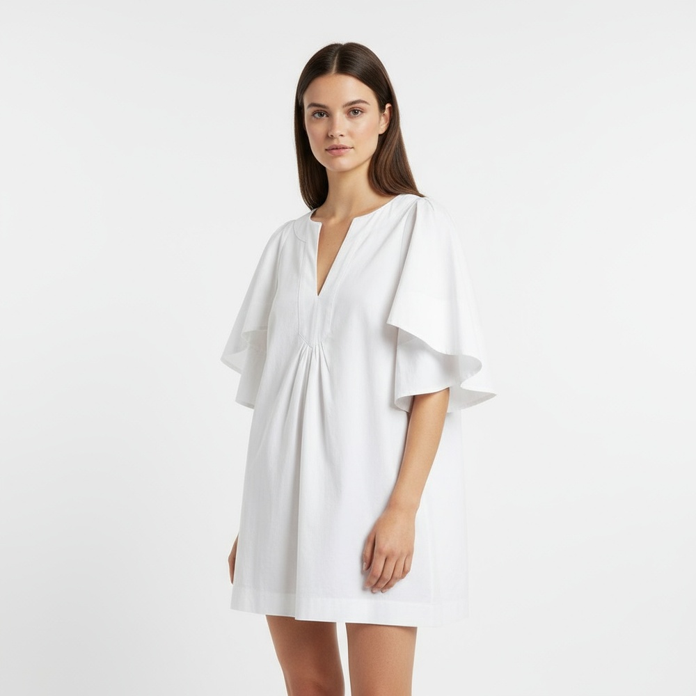 Pomander Place Tuckernut Dress Womens XS White V-Neck Bell Sleeve Coastal Luxury